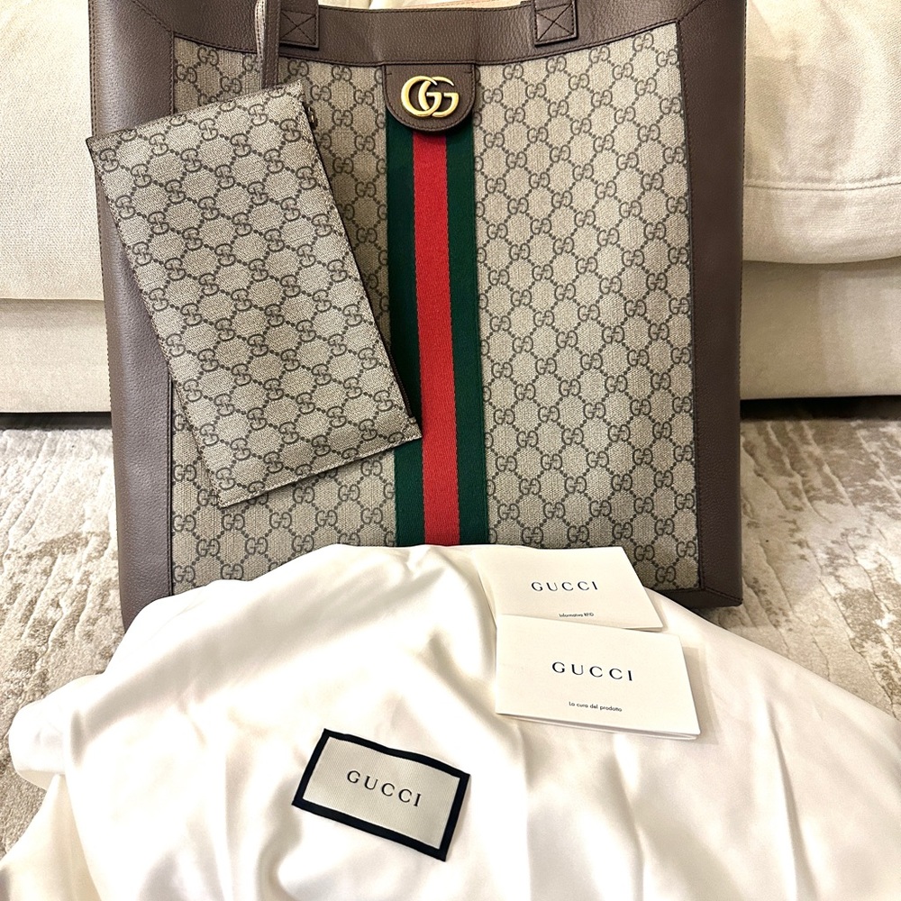 GUCCI Ophidia GG Vertical Supreme Monogram Web Tote Bag Brown